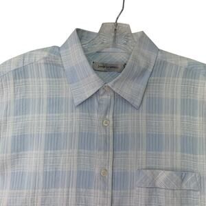 James Campbell Mens XL Blue White Short Sleeve Light Blue Seersucker Button Up